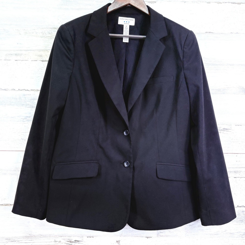 Covington Womens Black Stretch Blazer Jacket Size 14 Two Button Lined